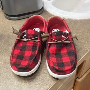 Hey Dude Red and Black Plaid Loafers